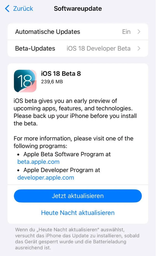 铁东苹果手机维修分享苹果 iOS / iPadOS 18 开发者预览版 Beta 8 发布 